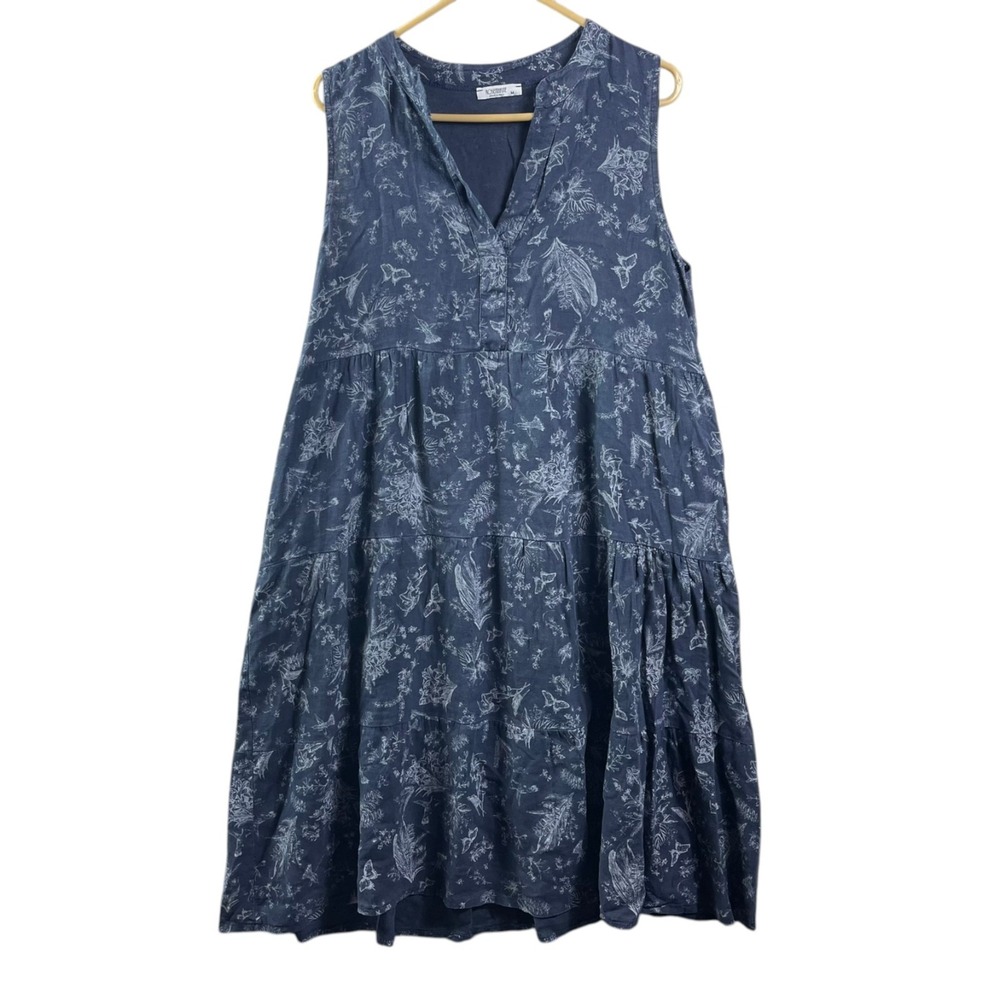 Rosemarine Italy Linen Floral Print Tank Midi Dress Womens Medium Blue